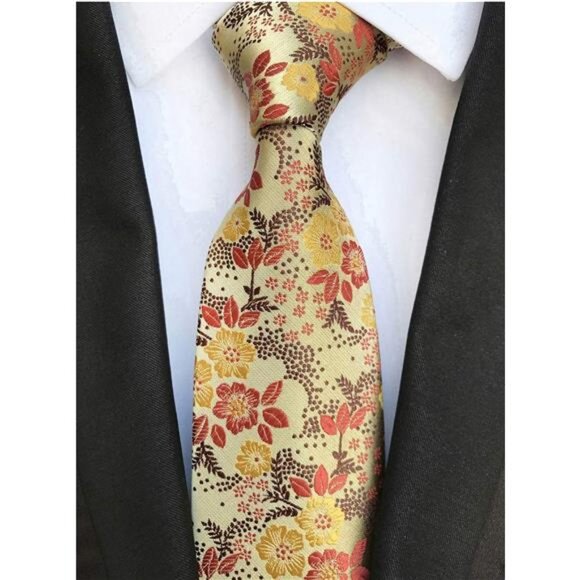 Men's Tie Cravat Jacquard Luxury Small Floral Pattern Wedding Yellow And Brown - Picture 2 of 5